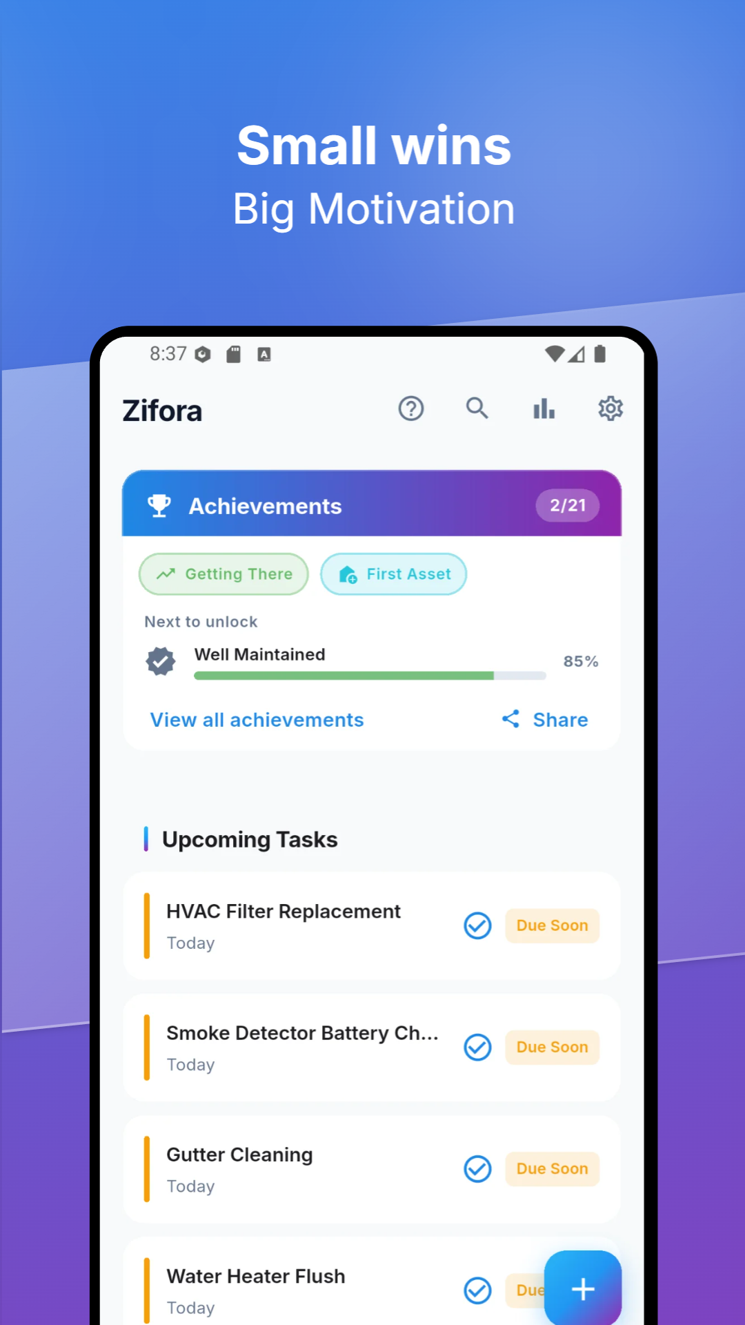 Zifora app achievements section showing upcoming tasks due soon