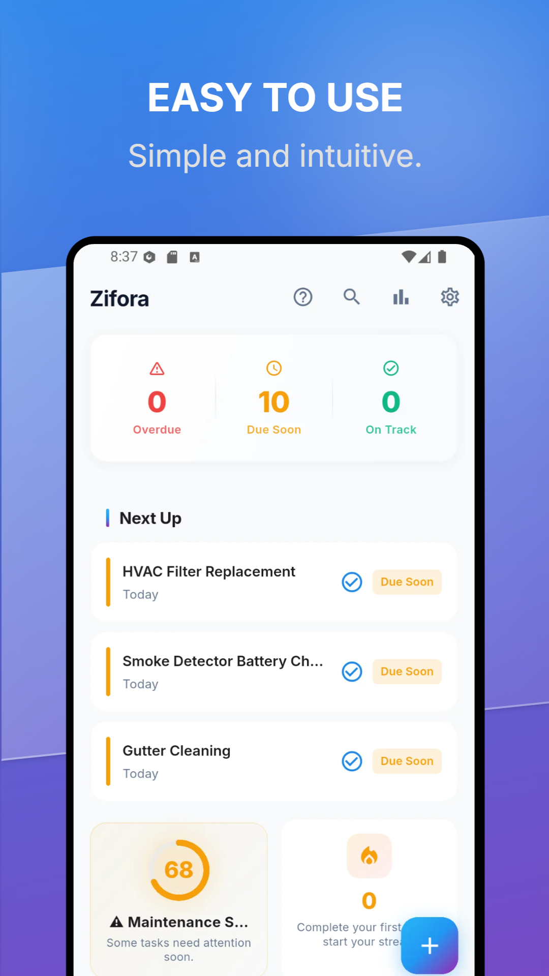 Zifora app home screen showing task status, maintenance score and streak