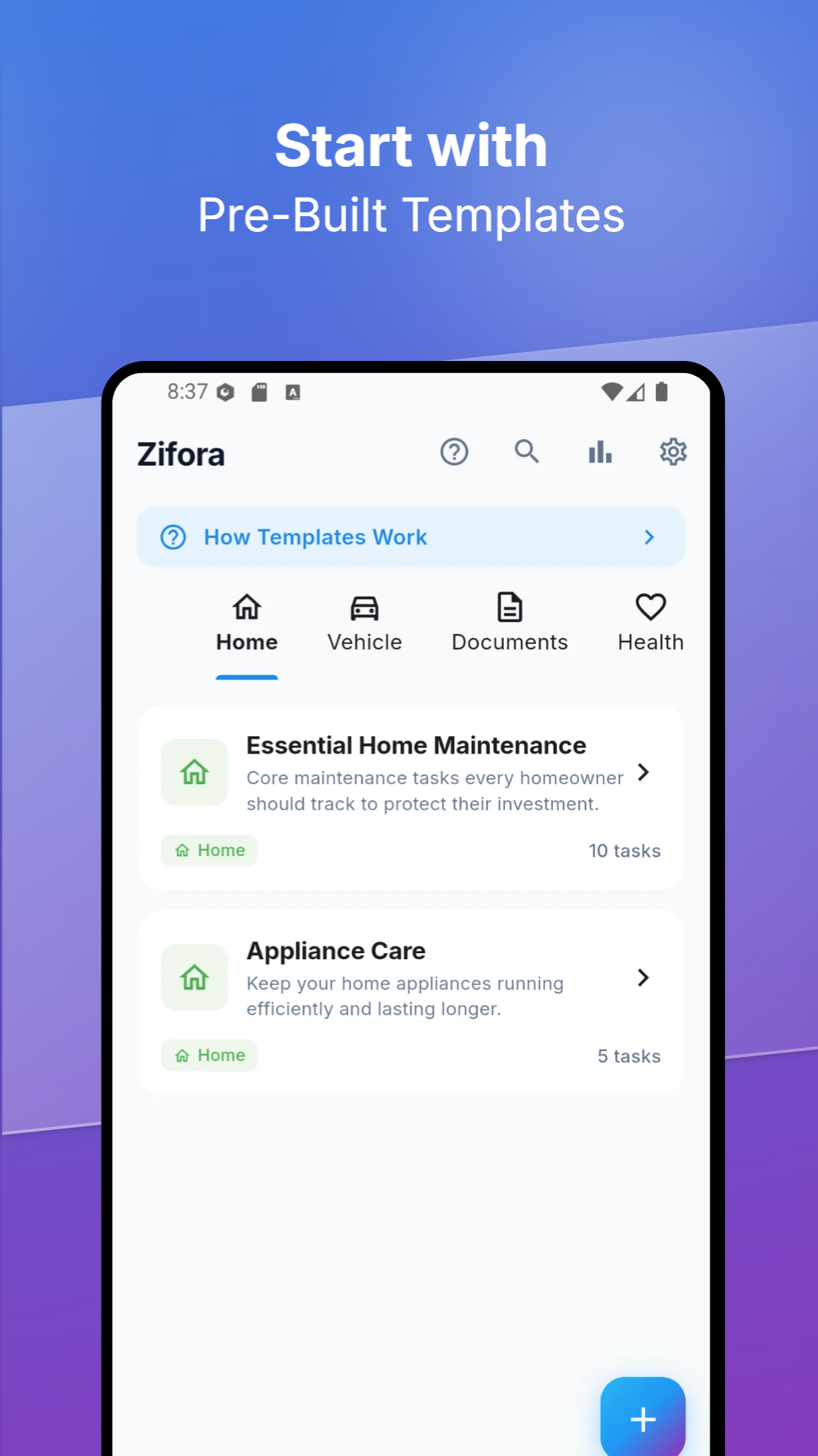 Zifora app template library — Home, Vehicle, Documents, Health categories